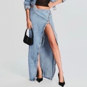 Retrofete Zahlia Denim Maxi Skirt Alani Lace up Women's 24 Blue High Slit